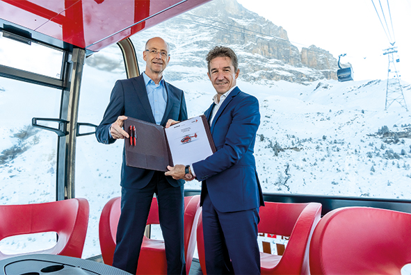 Vertragsunterzeichnung in luftiger Höhe im Eiger-Express: Dr. Wolfgang Schoder, General Manager Airbus Helicopters Deutschland, und Ernst Kohler, CEO Rega.